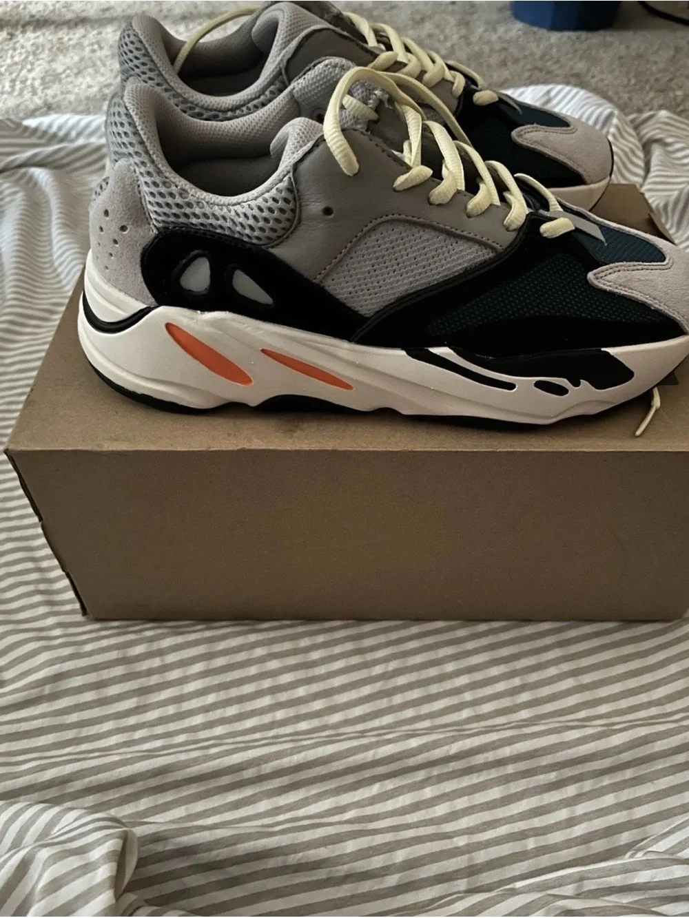 adidas Yeezy Men’s Athletic Sneakers in Black, Gray, White with Orange Accent